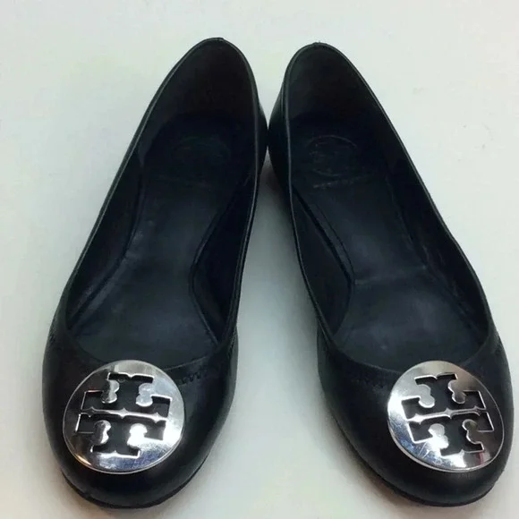 Tory Burch Black Leather Flats with Silver Logo