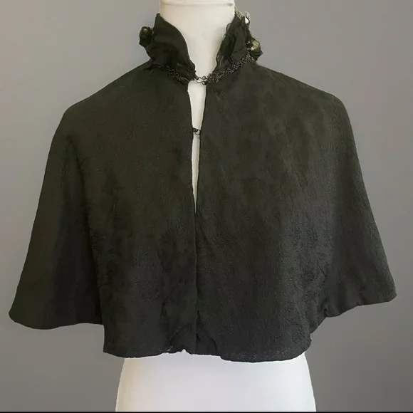 Victorian Edwardian Black Brocade Cape Feather Beaded