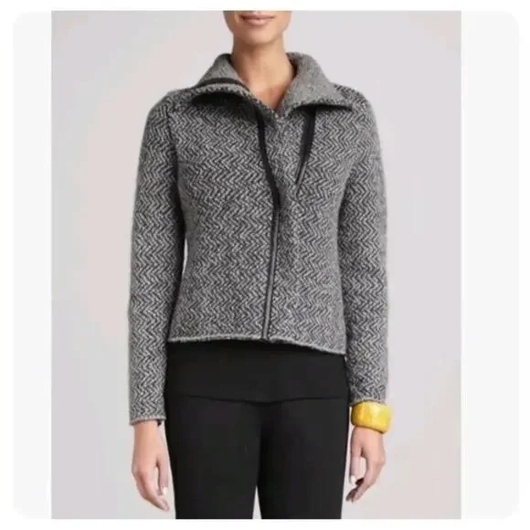 Eileen Fisher Organic Wool/Alpaca Tweed Short Coat w/Stand up Collar Grey Large