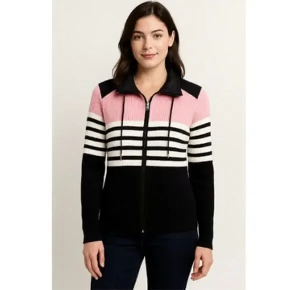 Lauren Ralph Lauren Zip Up Sweater Jacket Sz L Pink Black White Striped Cotton