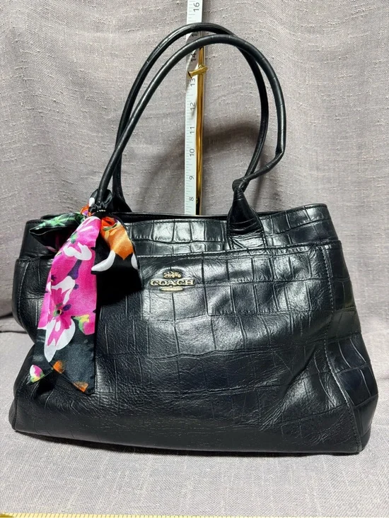 Coach Black Croc-Embossed Leather Tote with Floral Scarf Accent