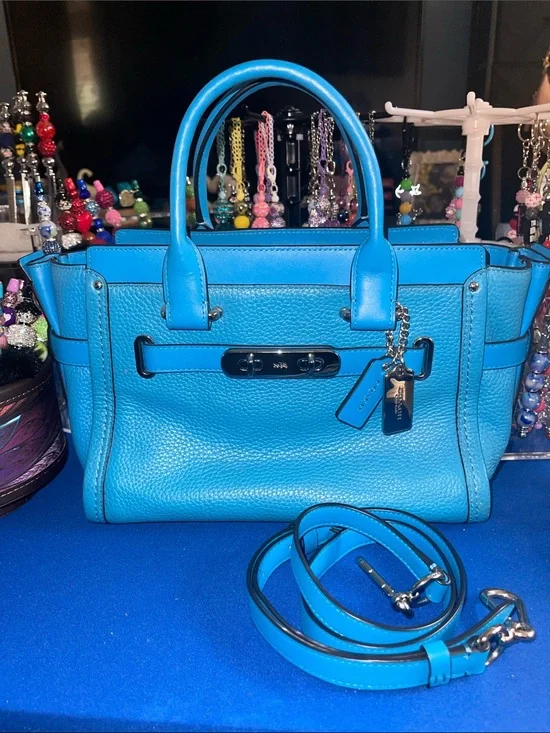 Coach Turquoise “Swagger 27”. Pebbled Leather Satchel with Silver-Tone Turnlock