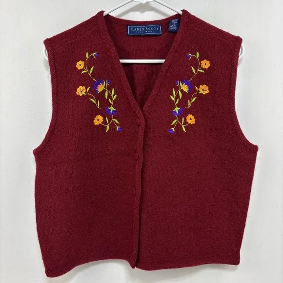Boho‎ 100% Wool Women's Vest Red Embroidered Flowers Size M Karen Scott