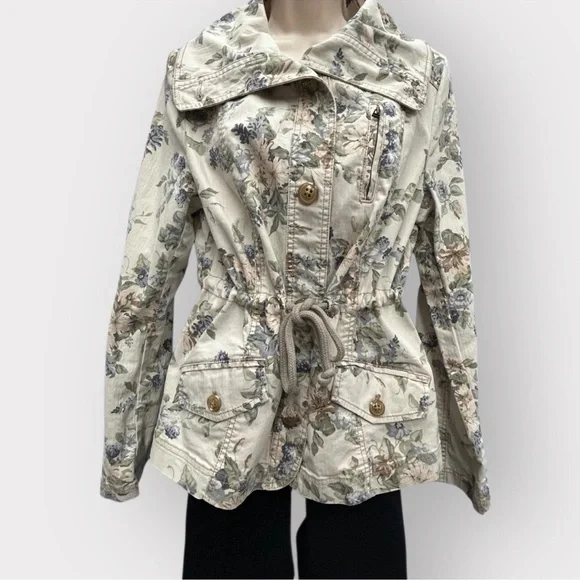 Anthropologie Jacket Women 12 Blue Cream Floral Canvas Coastal Capsule Brunch