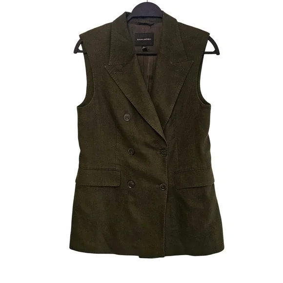 Banana Republic Womens Olive Green Double Breasted Linen Blend Vest Blazer 8