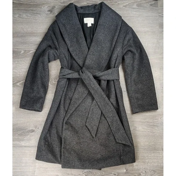 H&M Conscious‎ Women's Gray Wool Blend Belted Wrap Coat Long Sleeve Size 4 Lined