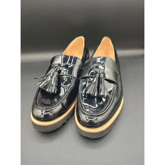Franco Sarto Womens Black Patent Leather Tassel Lug Sole Loafers Size‎ 10M