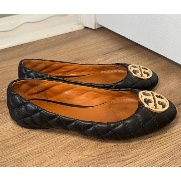 Tory Burch Black Quilted Leather Ballet Flats Gold Logo Preppy Classy‎ Womens 6