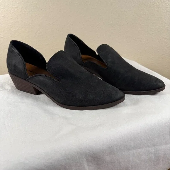 Lucky Brand Mizina Black d'Orsay Pointed Toe Loafers Stacked Heel Shoes 9M