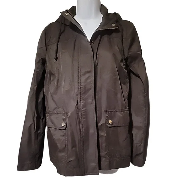 J.Crew Mercantile Womens Medium Black Hooded Rain Jacket Utility‎ Coat Full Zip