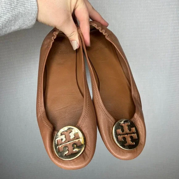 Tory‎ Burch Minnie Travel Ballet Flats Brown Leather Gold Logo Women US 8.5