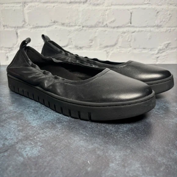 Vionic Uptown Ballet Flat Black Leather Platform Lug Sole Womens 11