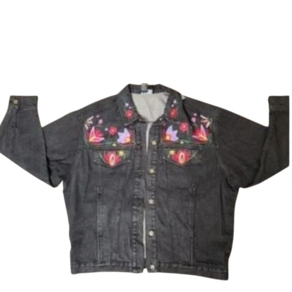 Carole Little Sport Black Denim Jacket with Floral Embroidery And Beading Boho 8