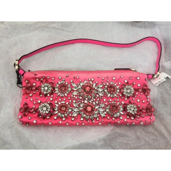Valentino Garavani Pink Silk Satin Crystal Embellished Flower Pochette Bag
