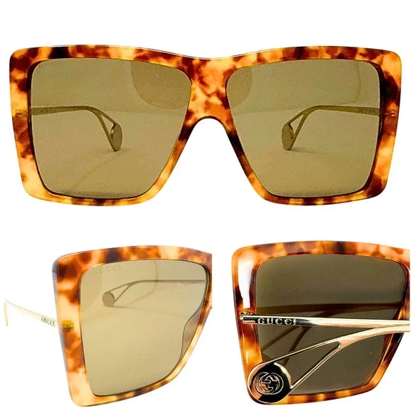 Gucci Sunglasses Oversized Square GG LOGO Brown Acetate Gold Wire Frames NEW