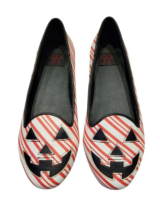 Strange Cvlt Candy Cane Striped Jack-O'-Lantern Ballet Flats