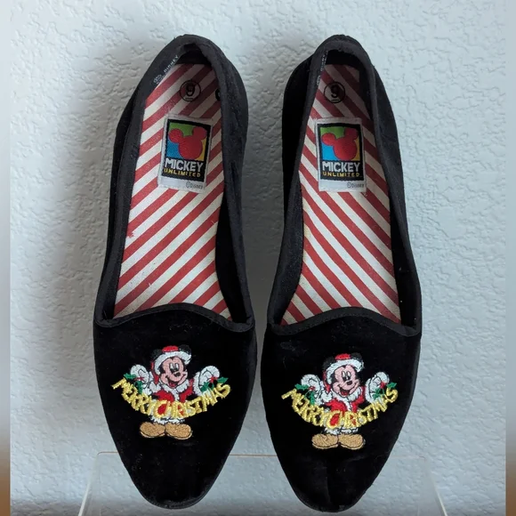 Disney Mickey Ultd. Embroidered Velvet Christmas Slipper Flats