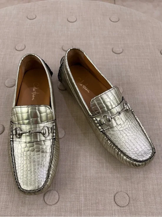 Cole Haan Metallic Gold Croc-Embossed Bit Loafers