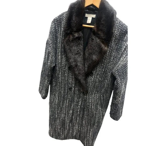 H&M Wool Blend Faux Fur Collar Tweed Overcoat