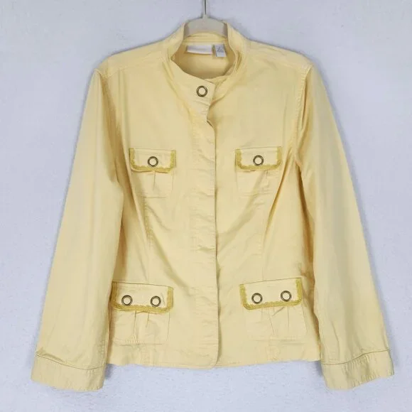 Chicos Jacket Womens 2 Yellow 12 Snap Front Ruffle Utility Casual Classic