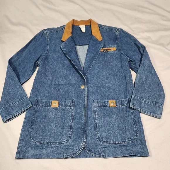 Jantzen Denim Blazer Women‎ Small Blue Excellent Contrast Collar Chore Jacket