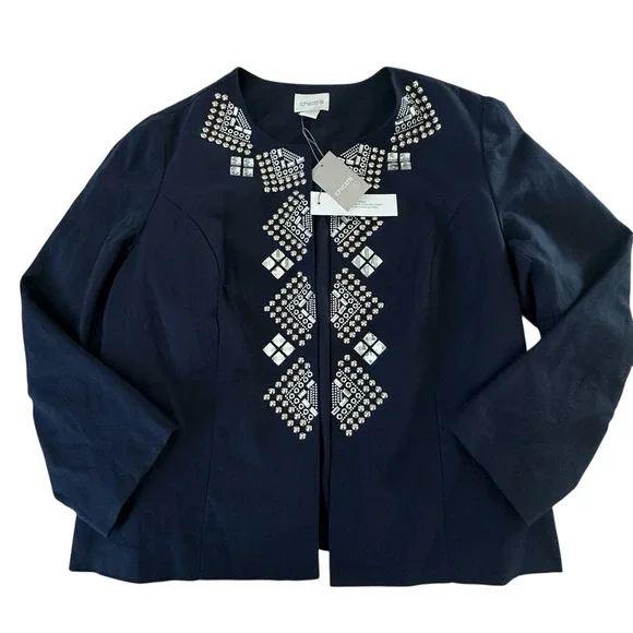 Chicos Jacket Size 1 US‎ Medium Navy Blue Silver Rhinestone Bead Open Blazer NWT