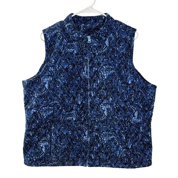 Basic Editions Blue Paisley Quilted Corduroy Vest Zip Front Mock Neck XXL Womens