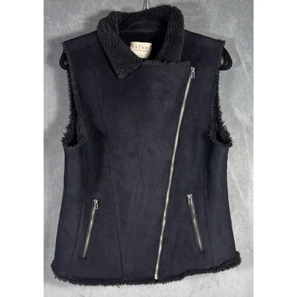 VELVET BY GRAHAM & SPENCER Black Faux Fur Suede Vest Jacket Zip Pockets Sz LARGE