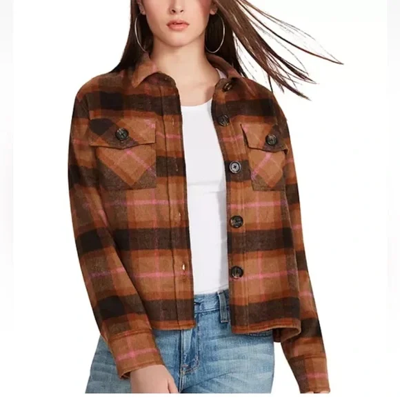 BB Dakota Plaid Jacket Boxy Shacket by Steve Madden Brown Pockets Women’s Size S