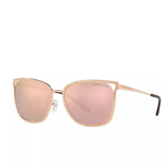 New! MICHAEL KORS Women's Stockholm Mirror Square Sunglasses With Case Rose Gold