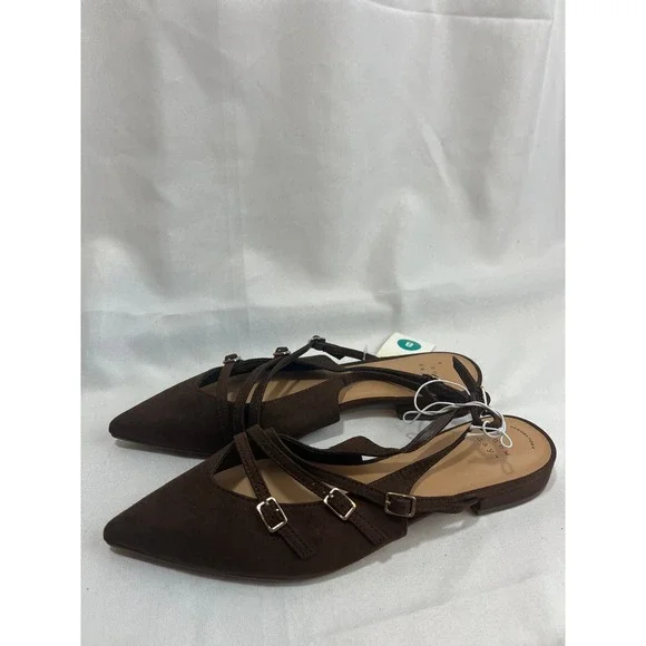 A New Day Womens Brown Faux Suede Pointed Toe Buckle Slingback Flats Size 8 NEW