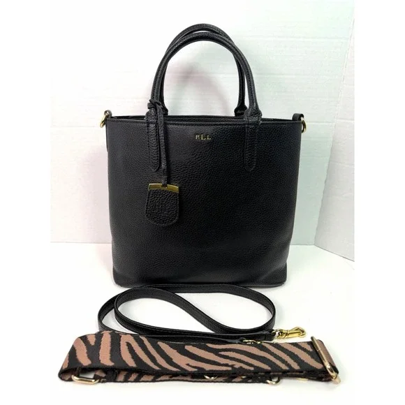 Lauren Ralph Lauren Black Pebbled Satchel Crossbody Bag Gold Logo + Extra Strap