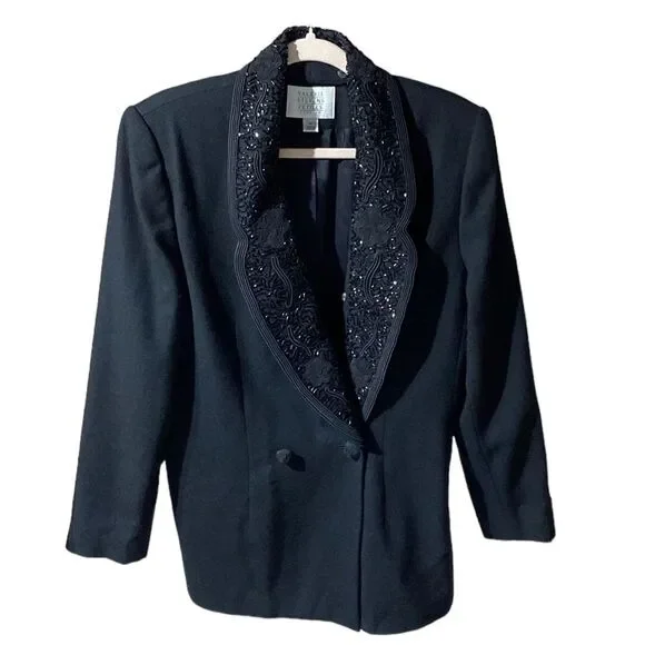 Valerie Stevens Blazer 12P Black Wool Removable beaded collar‎ old money Event