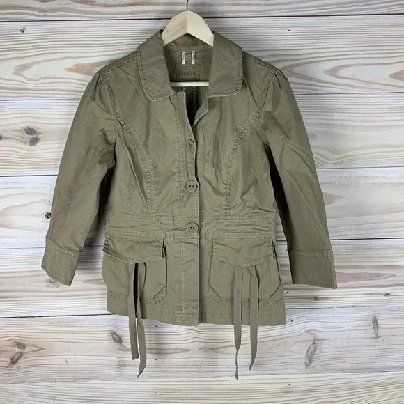 Caslon Jacket Women Medium Khaki Cargo Pockets 3/4‎ Sleeve Utility Safari