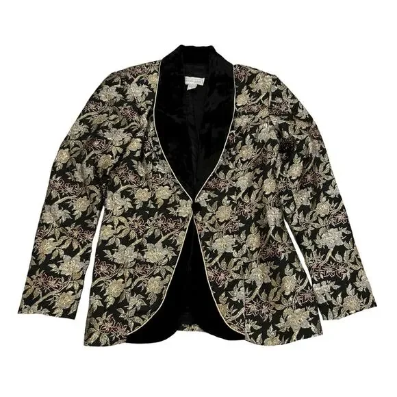 Scott McClintock Black Velvet Blazer Jacket Size 8 Gold Floral Metallic Brocade