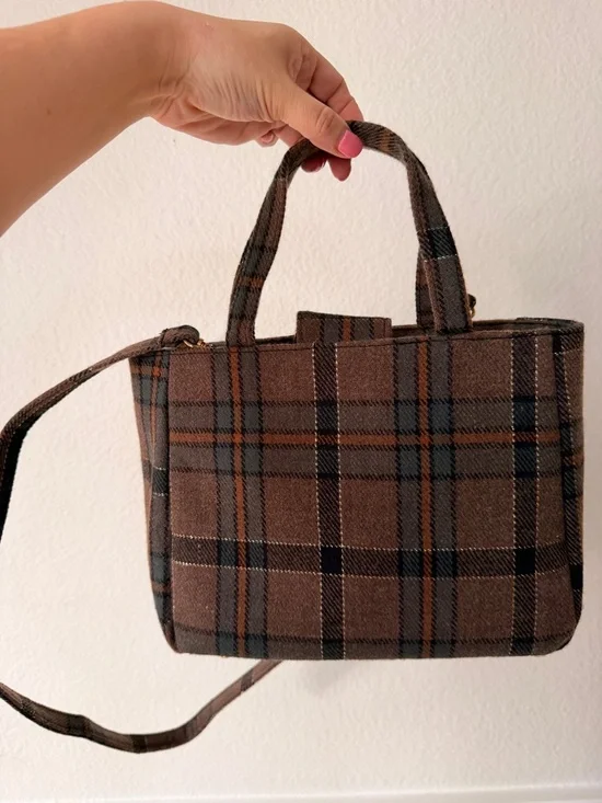 Vintage‎ Brown Plaid Mini Tote Crossbody Dark Academia Preppy Classic Bag Wool