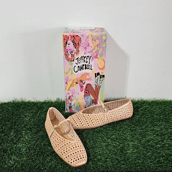Jeffrey Campbell KHLOE Perforated Square Toe Flat - Beige - Women's Size 8
