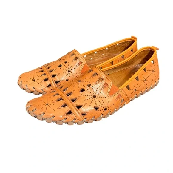 Spring Step L'Artiste Loafers Womens 41 Orange Leather Laser Cut Slip On Shoes