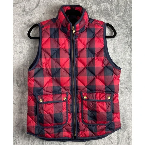 J. Crew Puffer Vest Down Fill Womens Small Red Black Plaid Full Zip Cabin Preppy