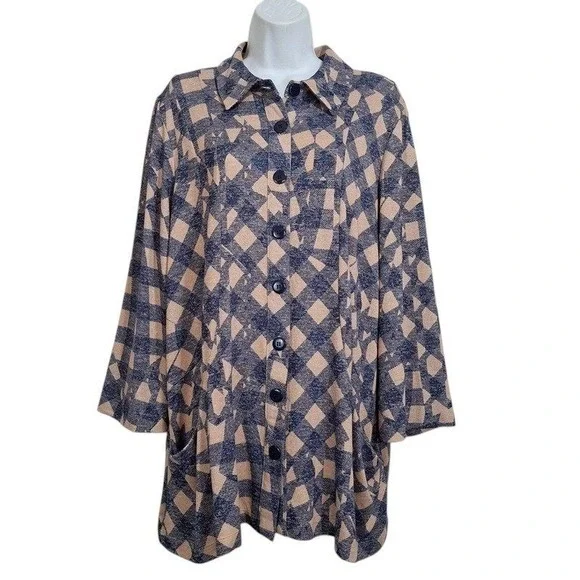 Attitudes by Renee Top Womens M‎ L Blue Beige Casknit Plaid Cozy Shacket Jacket