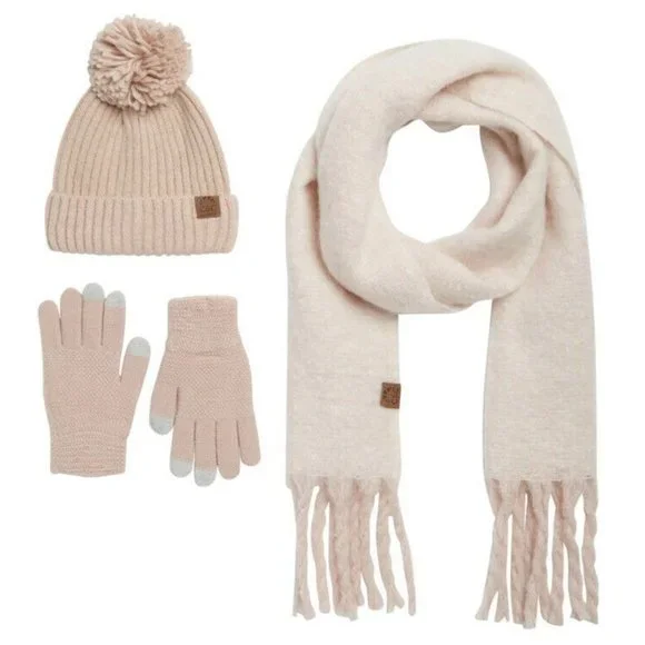 New‎ C & C California Lurex 3 Pc Giftset Beanie Gloves & Scarf Set Pink Blush