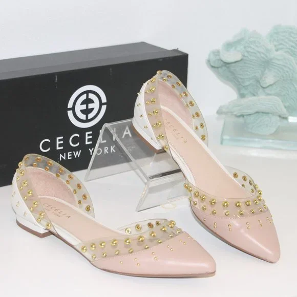 Cecelia New York Min White Ballet Flats Clear Chic Pointy Studded Shoes 7.5