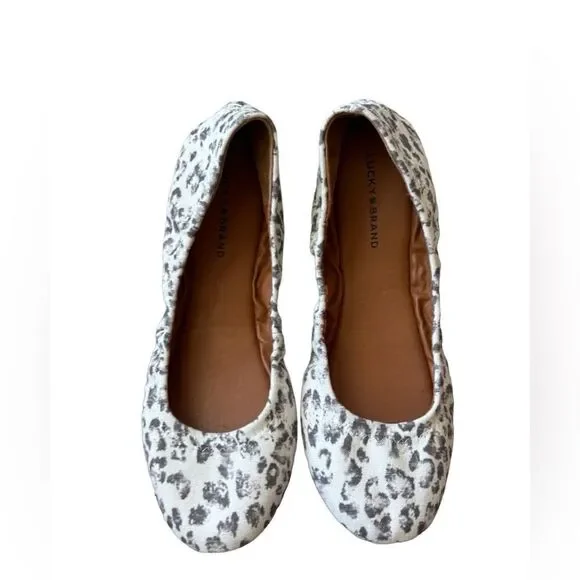 New Lucky Brand Emmie Eyelash Snow Leopard Print Ballet Flats Shoes Size 6.5
