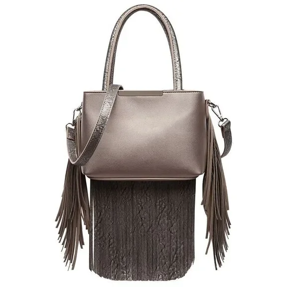 Pewter Solid Fringe Medium Satchel Handbag for Women