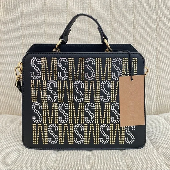 Steve Madden Black Rhinestone Logo‎ Satchel Crossbody Bag with Mini Pouch