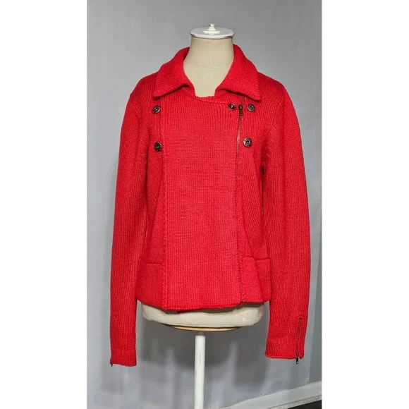 Vintage Carole Little Knit Sweater Jacket Women's Large Red Wool Blend Full Zip