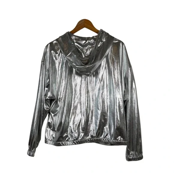 Allegra K Womens Silver Metallic Full Zip Hoodie Jacket Size XL Shiny‎
