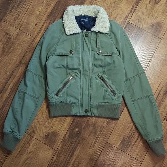 Shearling Canvas Utility Jacket Olive Green American Eagle Olive Green Womens XS