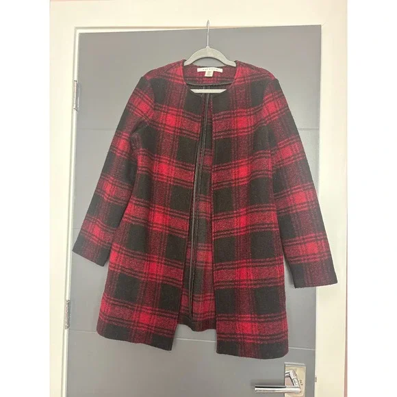 MAX STUDIO Womens‎ Red Black Plaid Collarless Open Front Coat Jacket M
