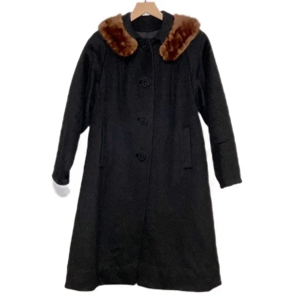 Vintage Alpaca Long Black Coat with Fur Trim Button Down Pea Coat Medium Wool